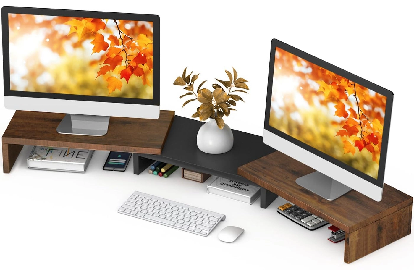 Dual Monitor Stand Riser - 2 Monitors 3 Shelf
