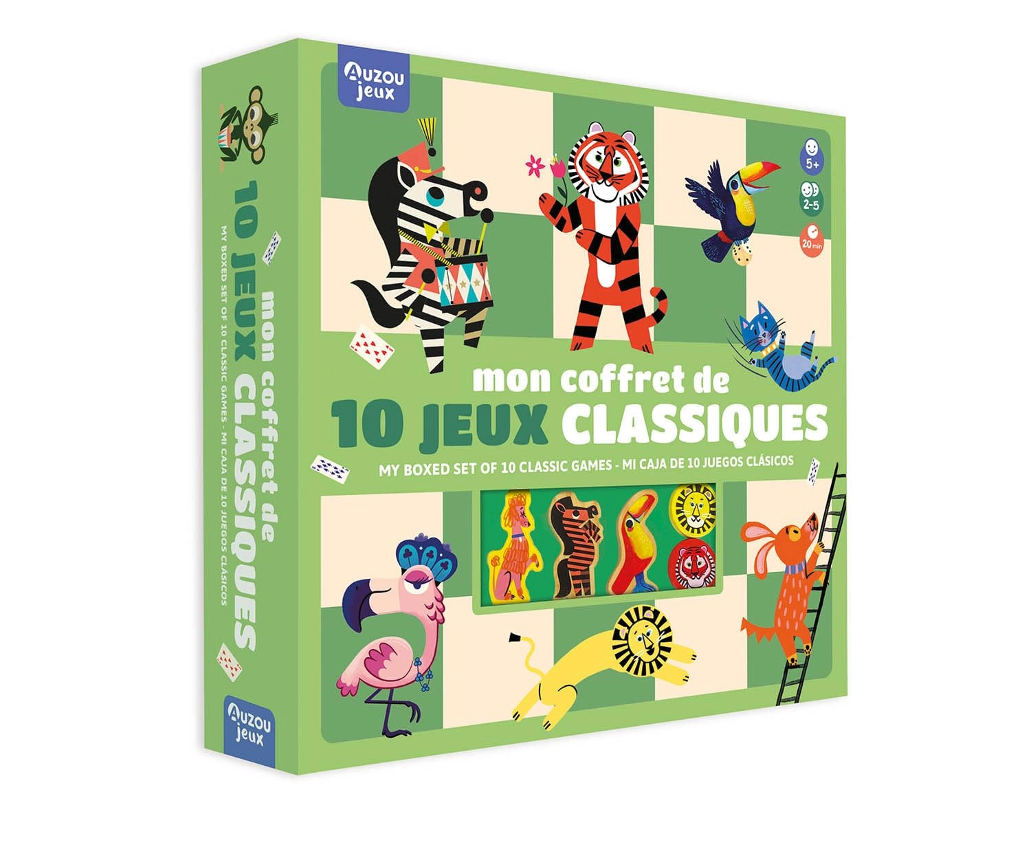 Auzou jeu de dames + jeu de l'oie + jeu des petits chevaux + jeu de serpents et échelles + jeu de 54 cartes (French)