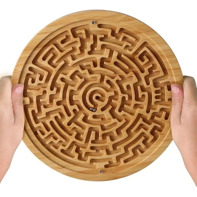 Round Wooden Labyrinth Board - Two metal balls 18x18x1.2cm