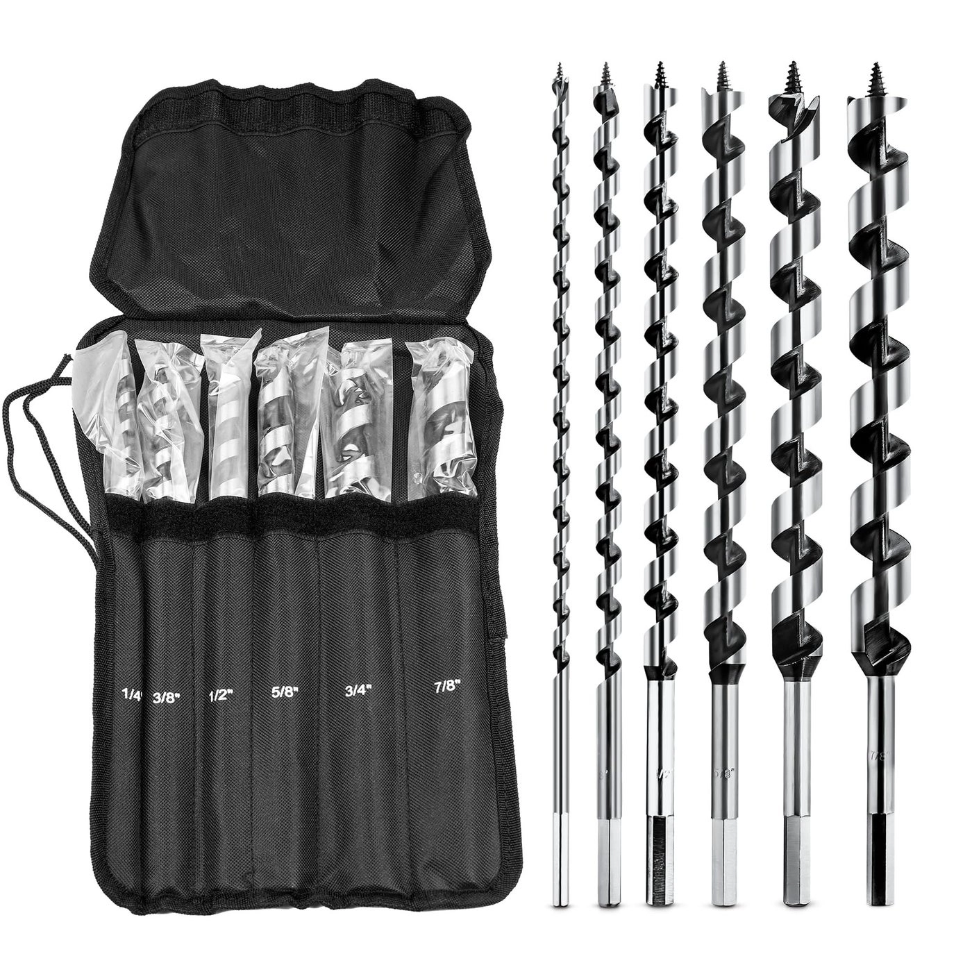 NICAVKIT Auger Drill Bit Set - 6Pcs 12-Inch 1/4""-7/8"" Hex Shank
