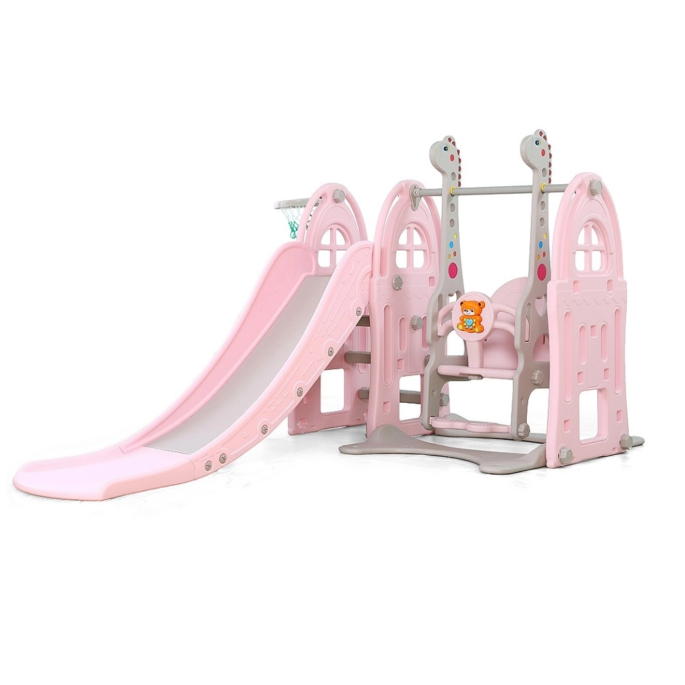 Rainbow Toys RW-16341 - Kids Colourful Indoor 3 In 1 Playset Mini Slide Basketball Hoops Swing Seat