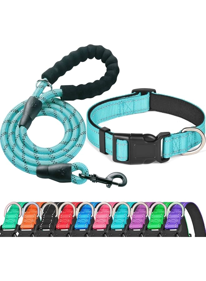 ladoogo Reflective Collar - M Neck 16"-19" Blue + Leash
