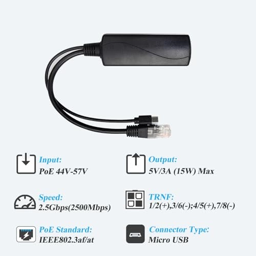Micro USB Port PoE Splitter - 48V 5V/3A 1 IEEE802.3 af/at 10/100/1000Mbps