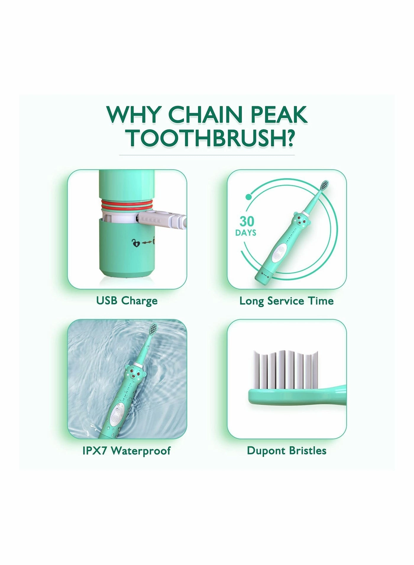 Kids Sonic Electric Toothbrush - Cute Bear 4 Brush Heads 2 Min Timer