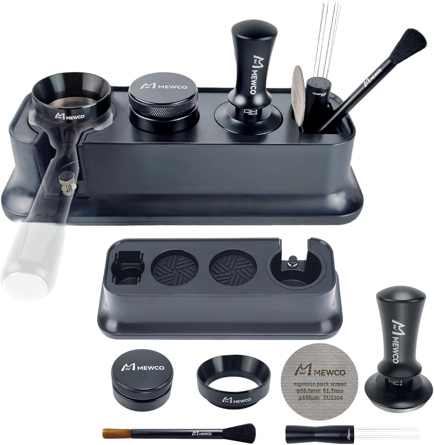 Tamper Station + Coffee Distributor + Tamper + WDT Stirrer + Tamping Brush + Dosing Funnel + Puck Screen