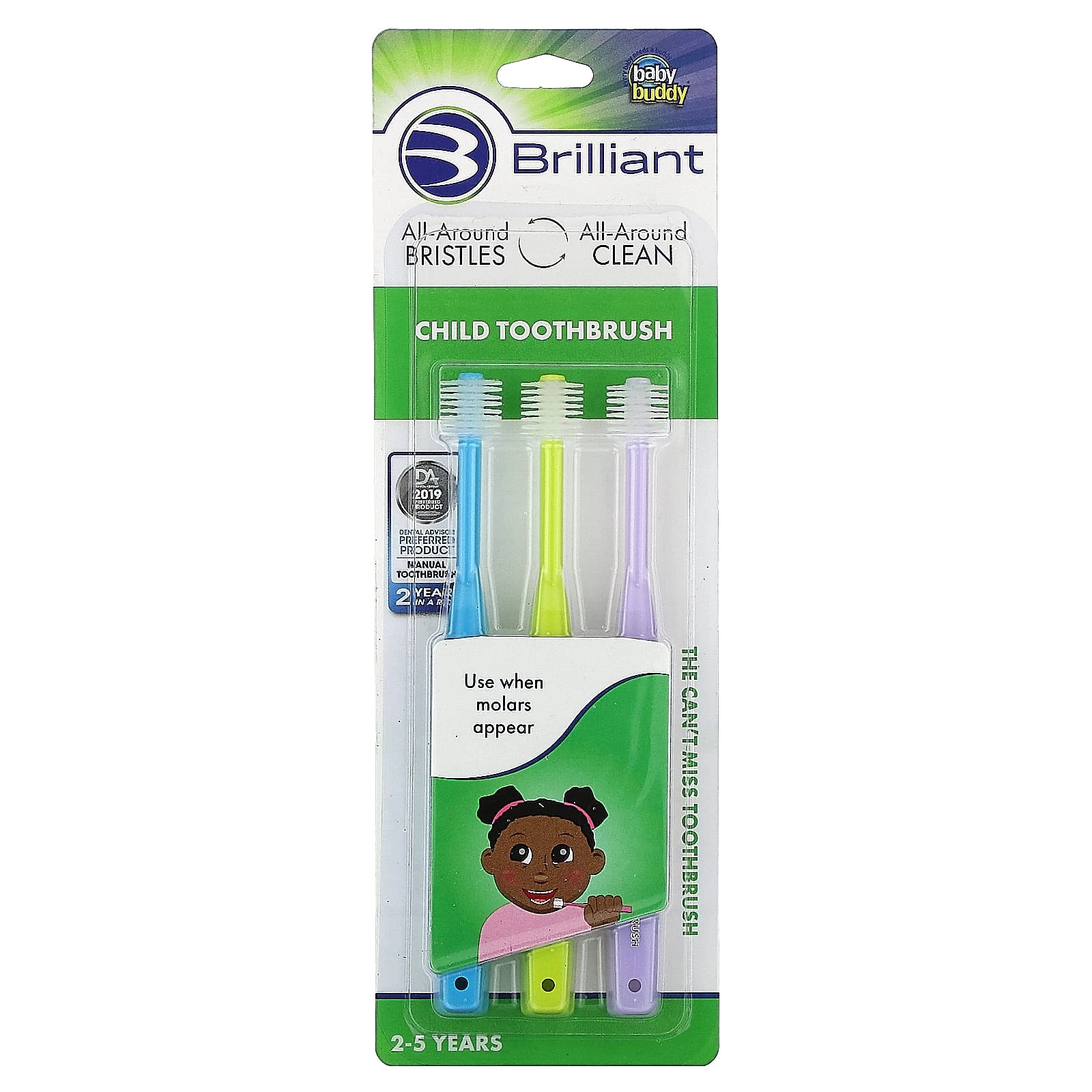 Baby Buddy Brilliant Child Toothbrush - 2-5 Years 3-Piece Pack