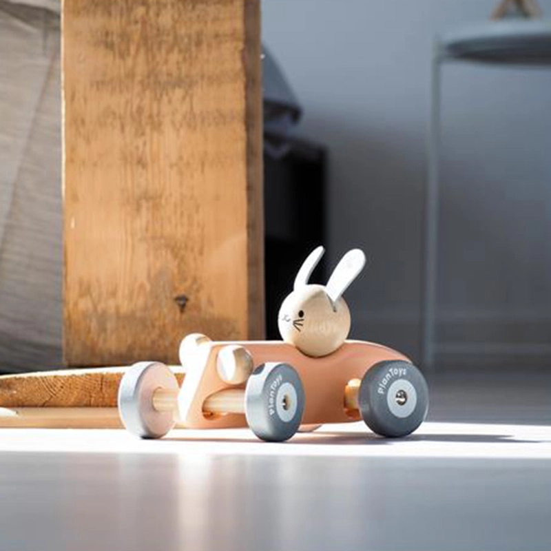 Bunny Racing Car - Wooden Vintage Pastel Rose