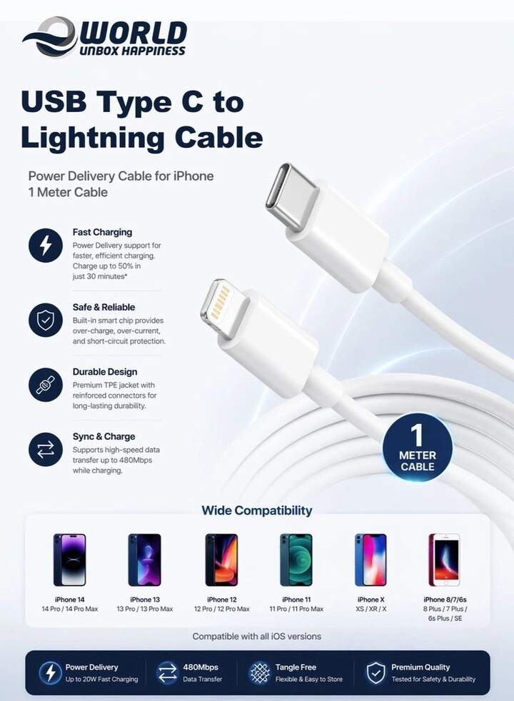 e world unbox happiness Fast Charge Cable 480Mbps USB-C to Lightning 1m