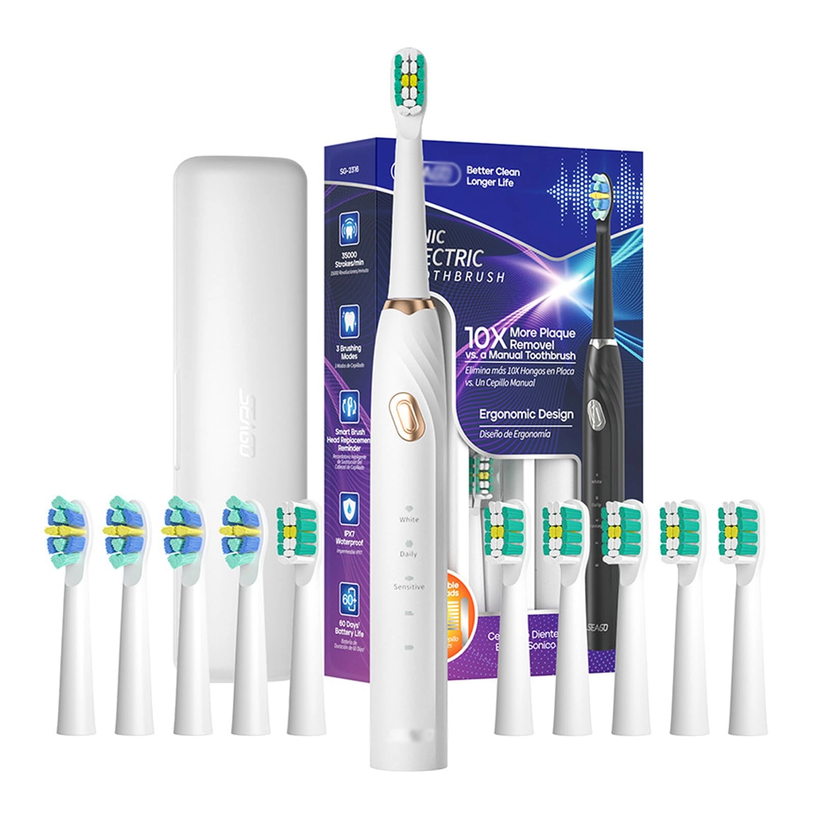Electric Toothbrush - 3 Modes 2-Minute Timer 10 Brush Heads