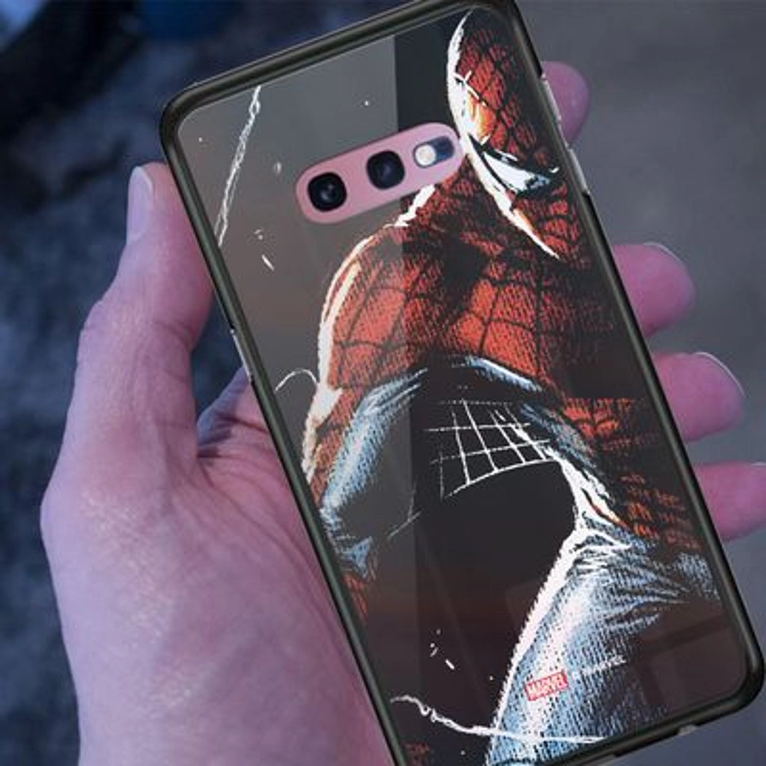 Spiderman In The Dark Back Case for Galaxy S10E - TPU Bumper Case + Tempered Glass Back