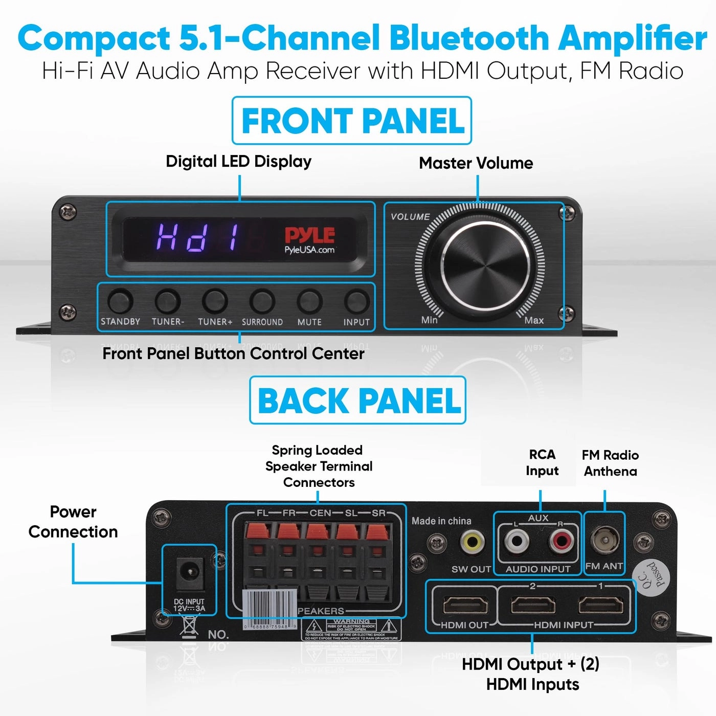 Wireless Bluetooth Home Audio Amplifier - 100W 5.1 Channel