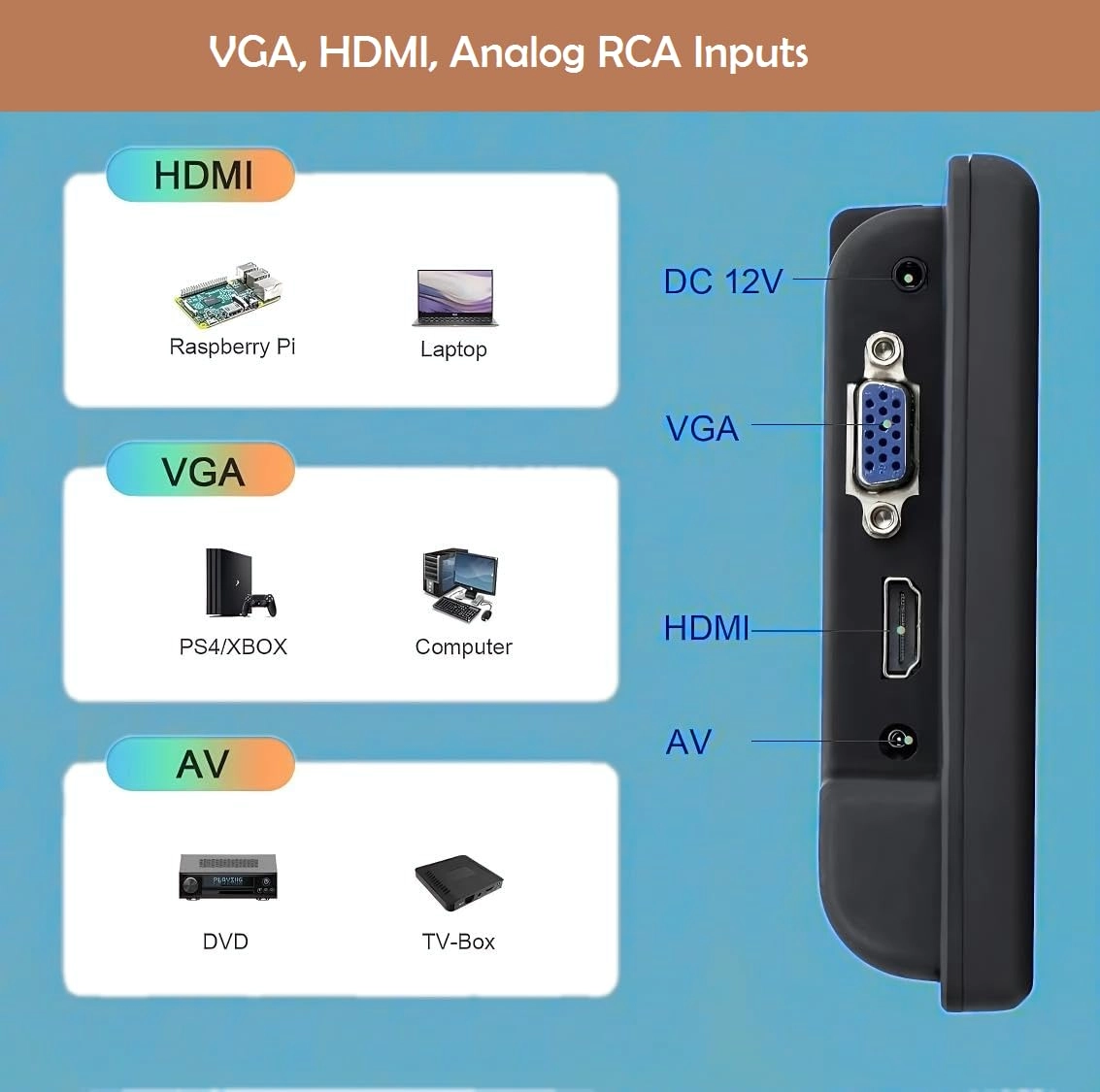 HDMI VGA AV RCA Monitor - 1080P 7 inch