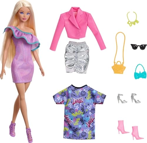 Barbie Doll and Fashions Gift Set - three complete outfits 2 handbags 3 sets of shoes