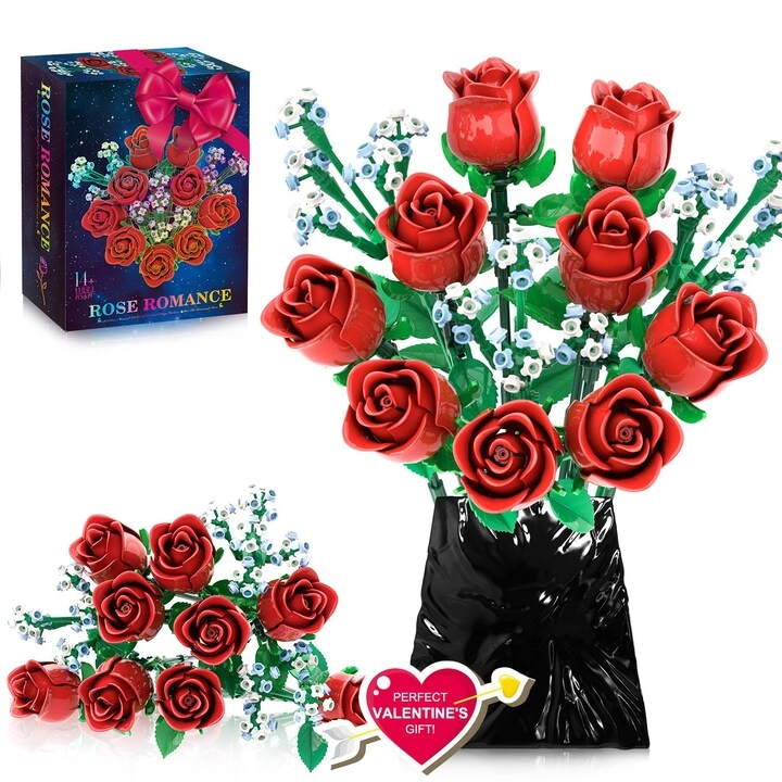 MZA STORES Rose Bouquet Building Set - Valentines Red 9 Roses 14 inches