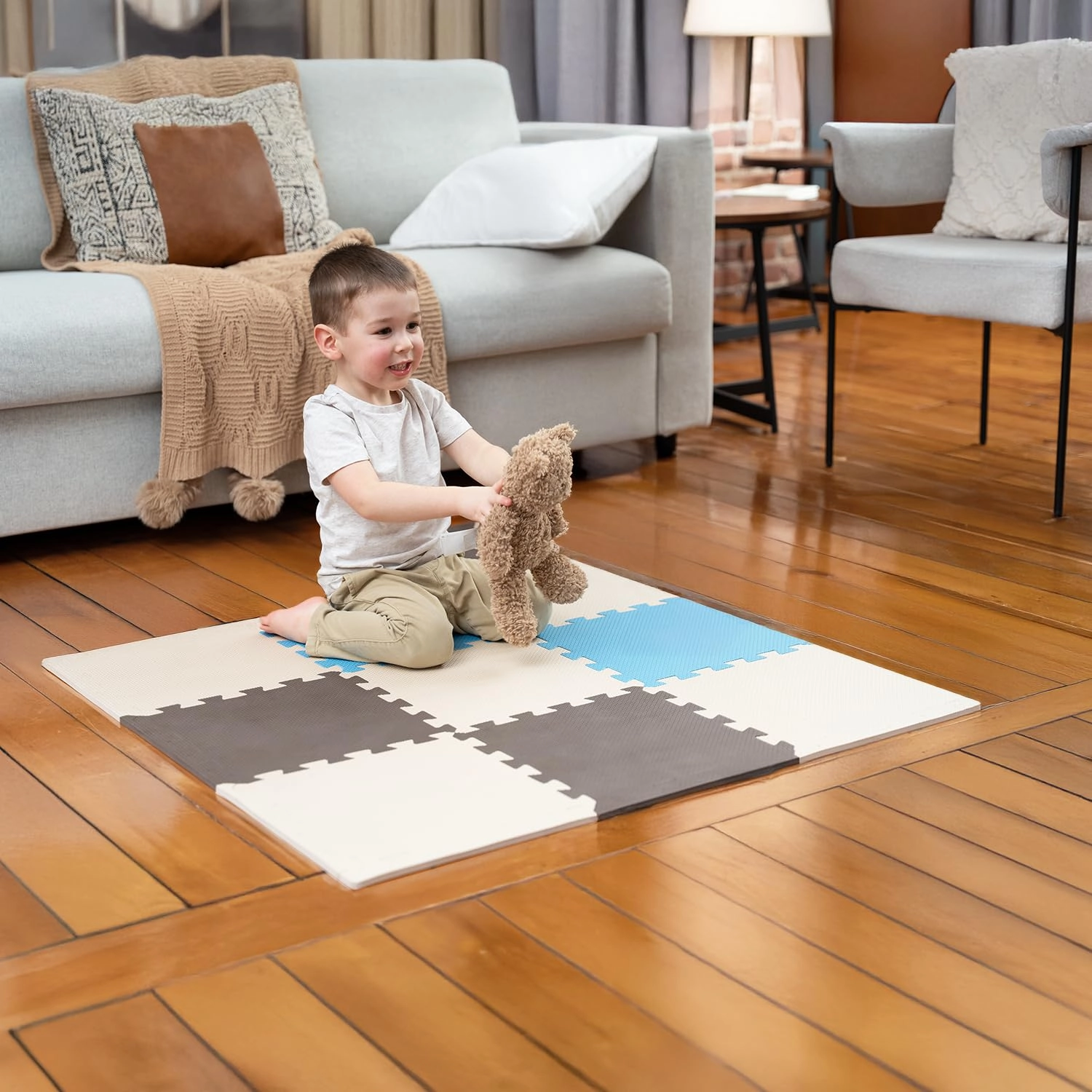 Baby Play Mat - 9 Tiles Cobalt-apricot-pine-gold