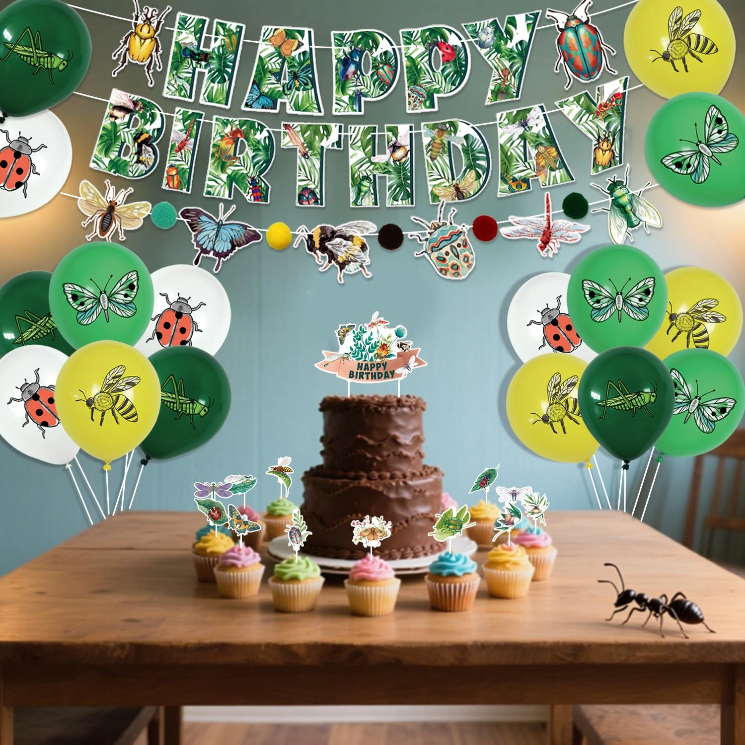 Bug Party Decorations - 1 x HAPPY BIRTHDAY banner 1 x bug theme banner 13 x cake toppers 18 x insect balloons Birthday