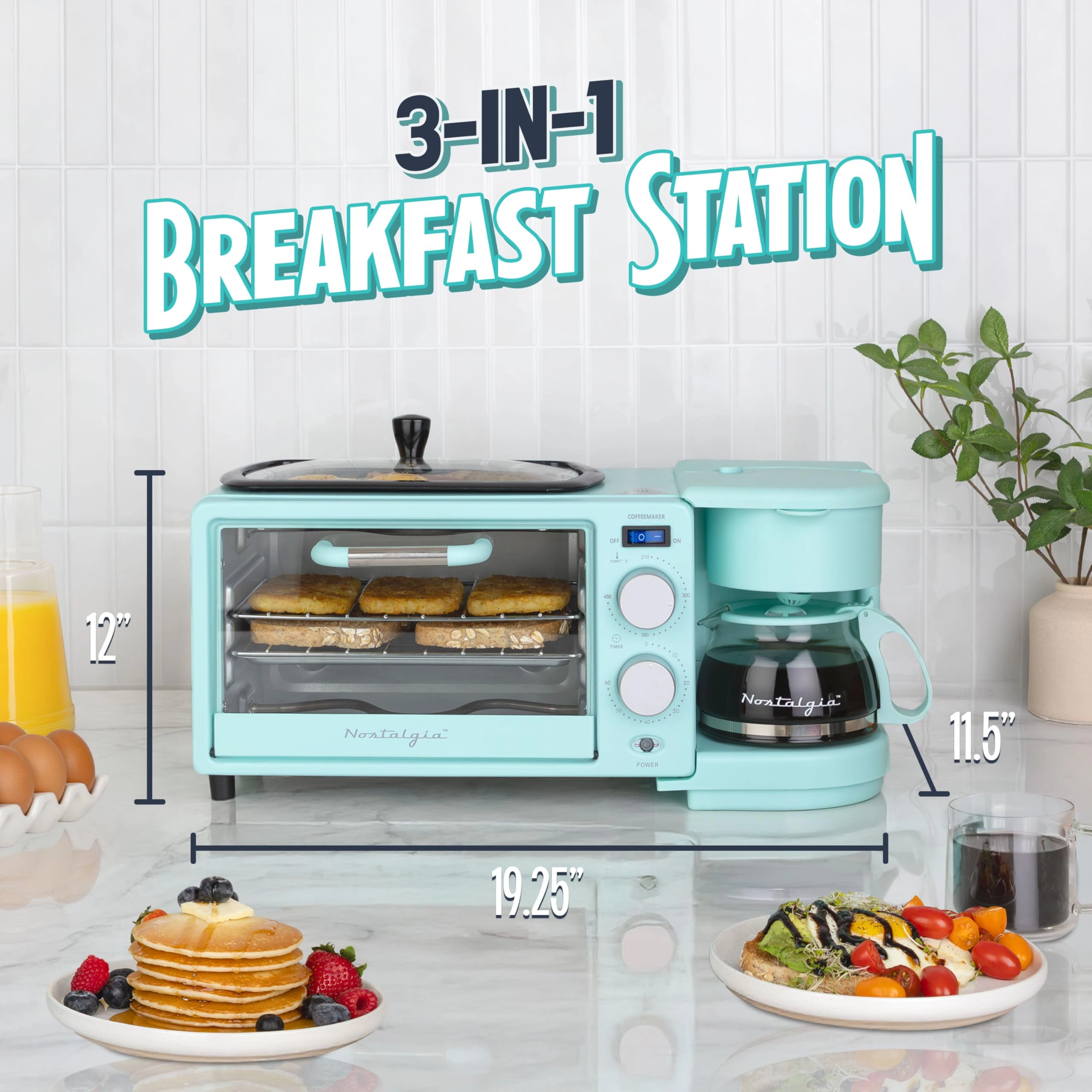 3-in-1 Retro Breakfast Station - 5 Cups Non-Stick Ceramic Griddle 4-Slice Toaster Oven