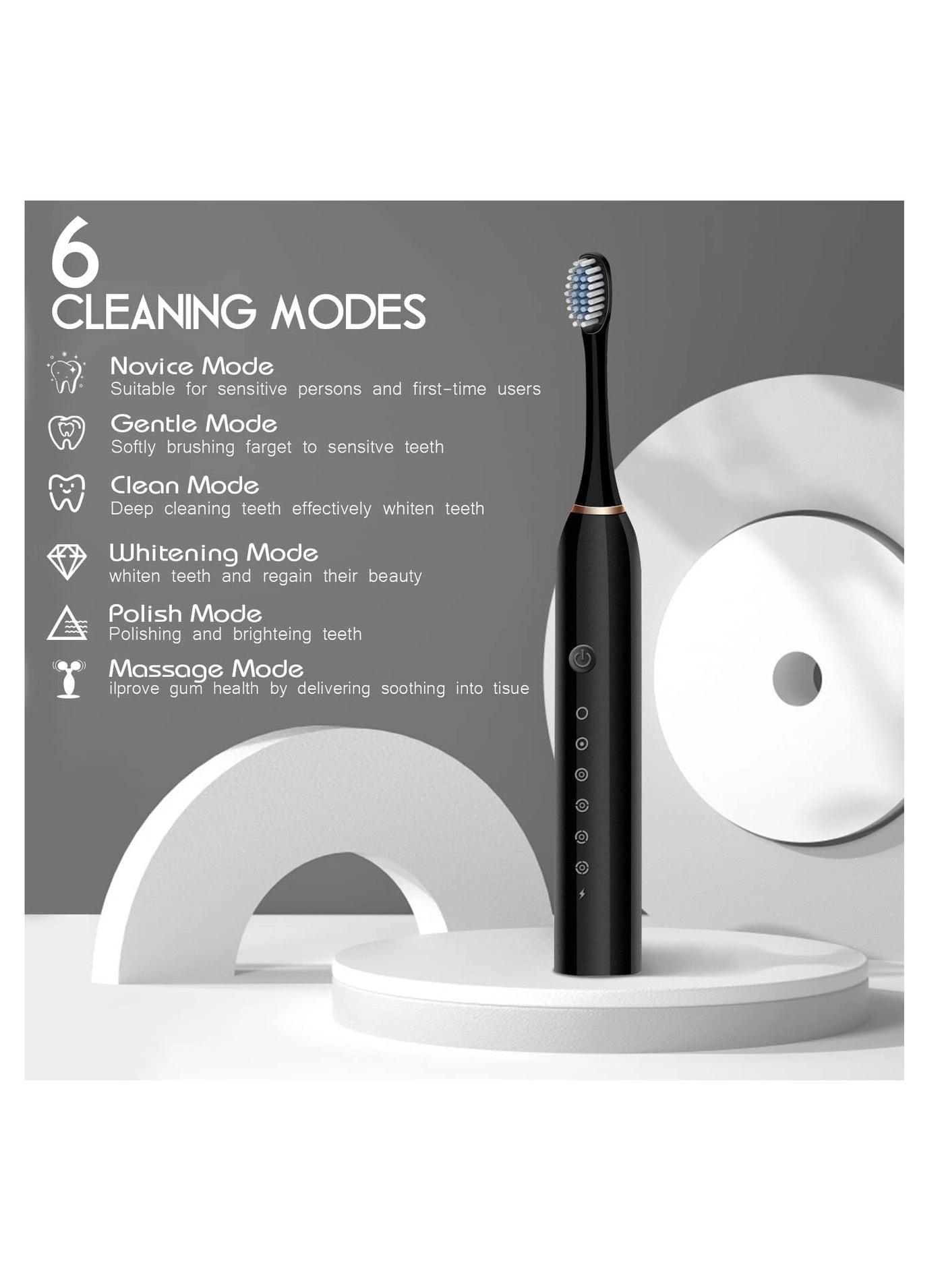 Electric Toothbrush - USB Rechargeable 4 Brush Heads 6 Cleaning Modes