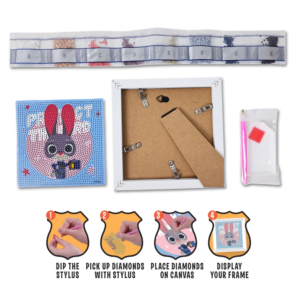 Zootopia Diamond Framed Painting Kit - 1 Canvas, 1 Frame, 1 Diamond Tray, 1 Wax Square, 1 Diamond Painting Stylus, 6 Colorful Diamonds