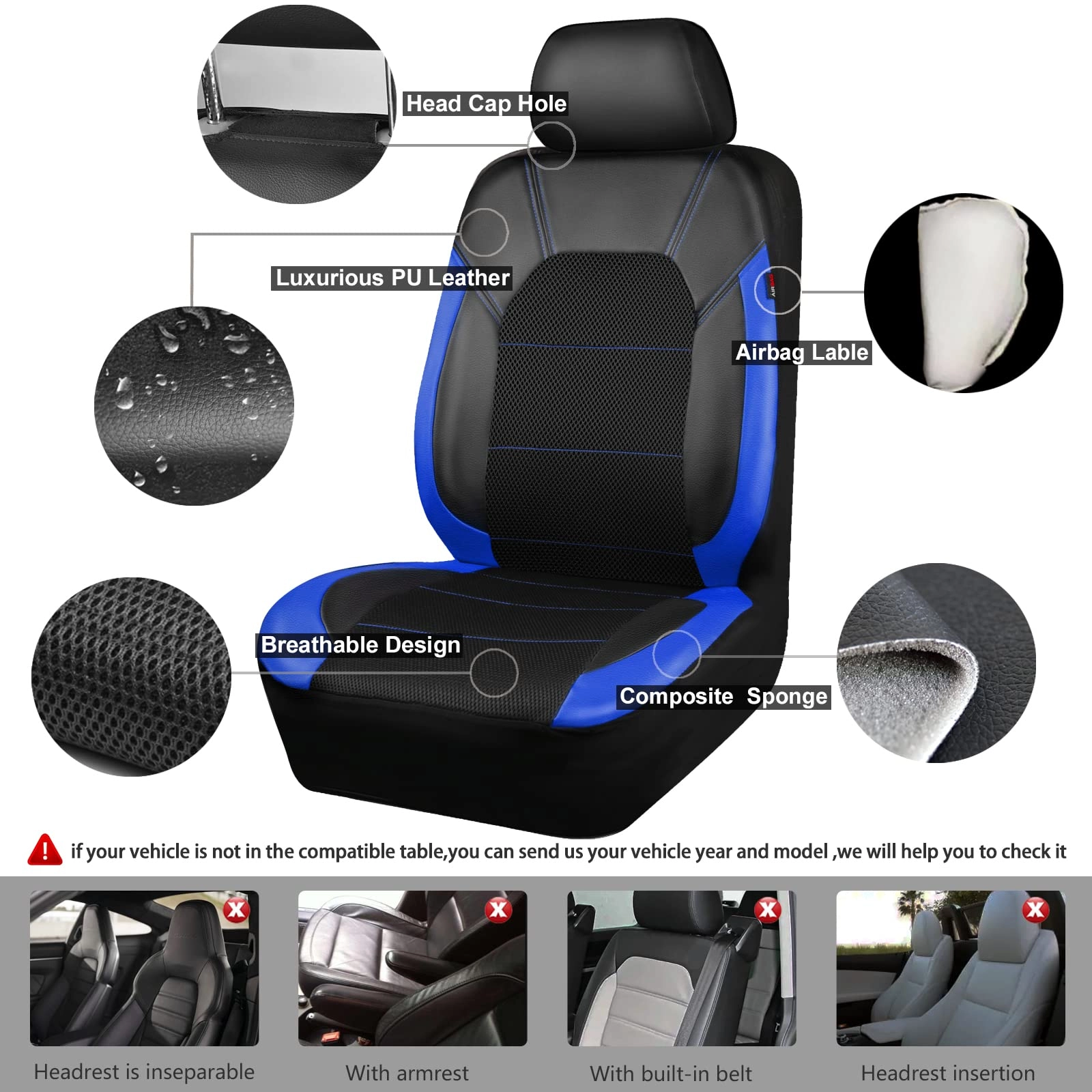 Car Seat Covers - Air Mesh Leather + Car Floor Mats - Waterproof + Steering Wheel Cover - Sporty