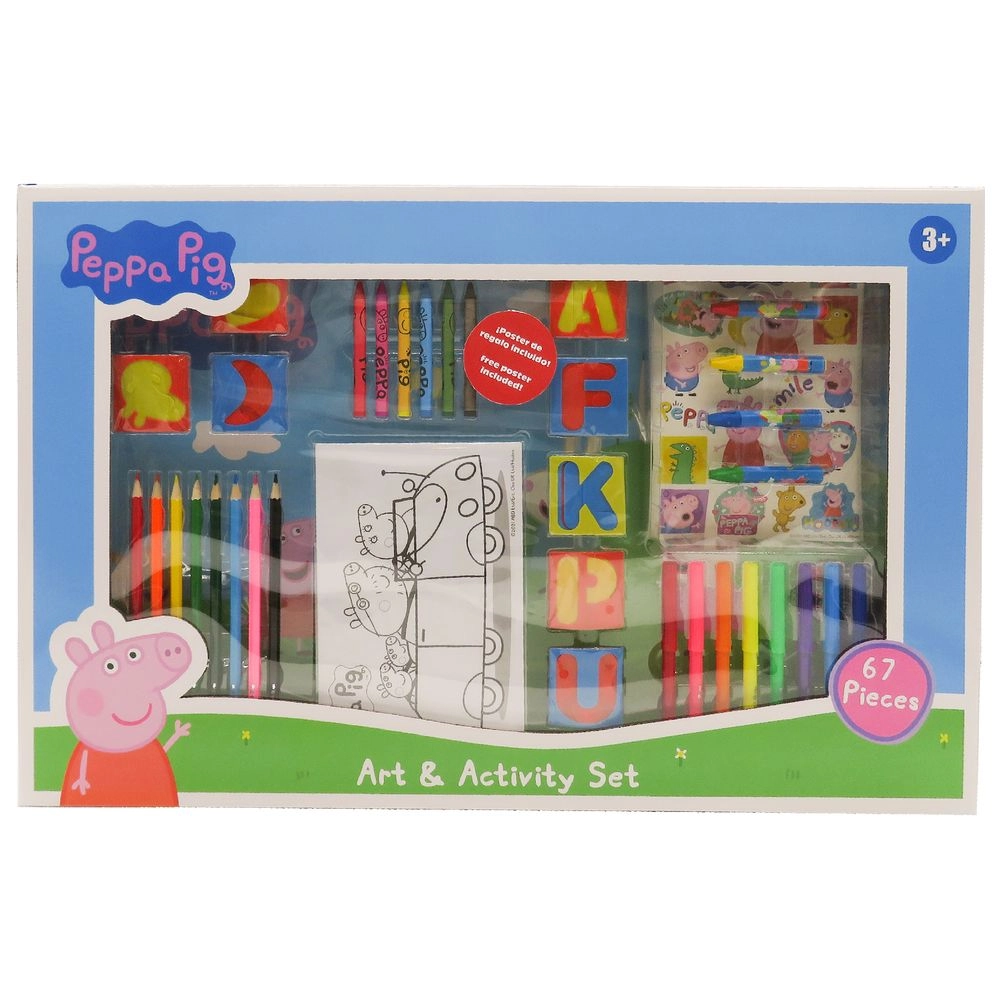 Art Set - 67pcs 25 lettering stencils, 10 drawing stencils, 8 felt-tip pens, 8 coloured pencils, 6 coloured crayons