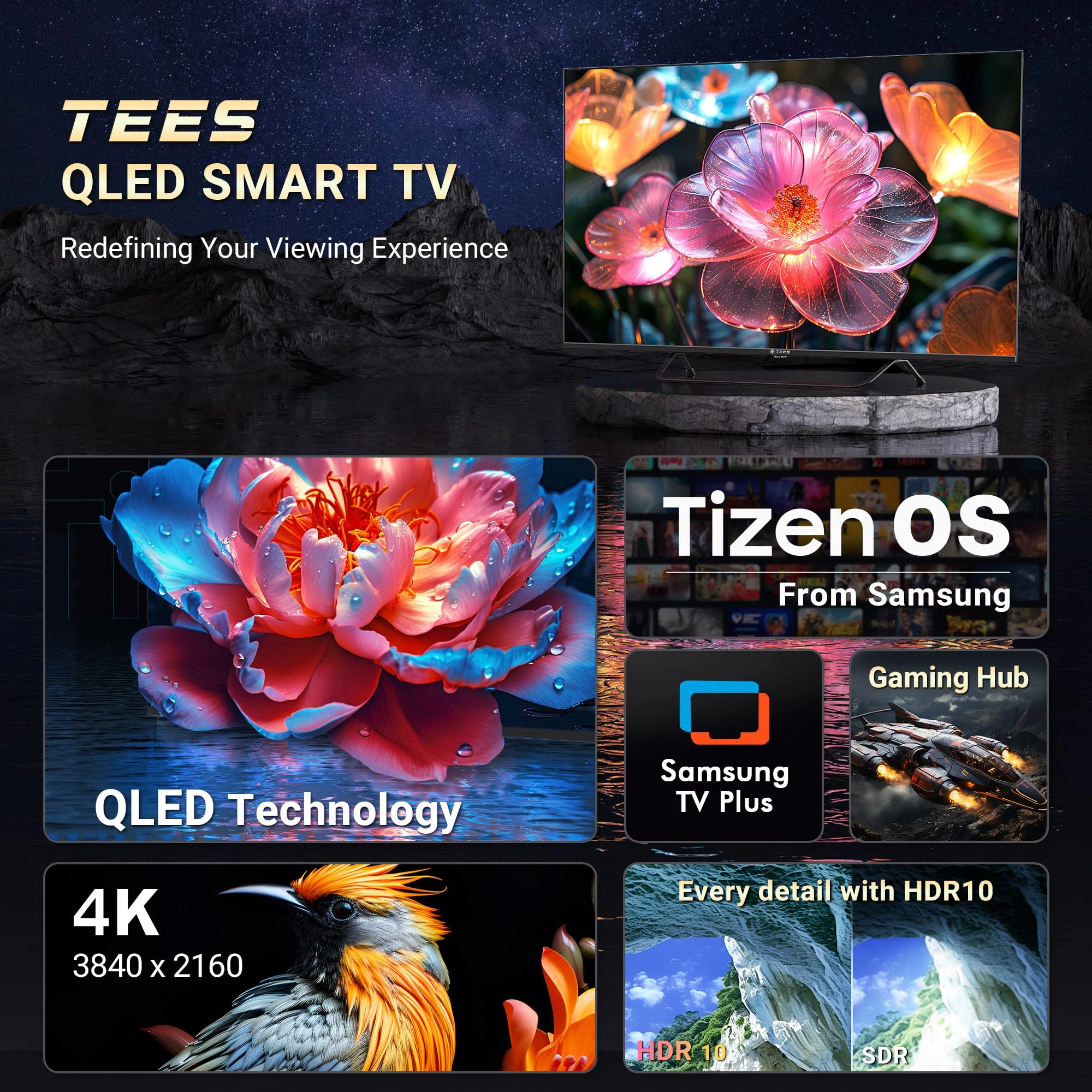 Tees 55 inch 4K QLED Smart TV, MEMC HDR10 Tizen OS UHD Central Stand Design Television with Apple TV+ BBC Netflix Freeview Display Plus Gaming Hub, Ideal Large Screen for Living Room, Made in the UK