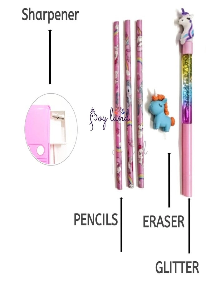 Unicorn Double Sided Jumbo Magnet Pencil Geometry Box + Pencil + Eraser + Glitter Pen - Random Design Pink