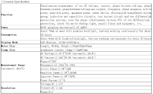 Double Clamp Digital Phase Volt-Ampere Meter - 7.5mm 13mm