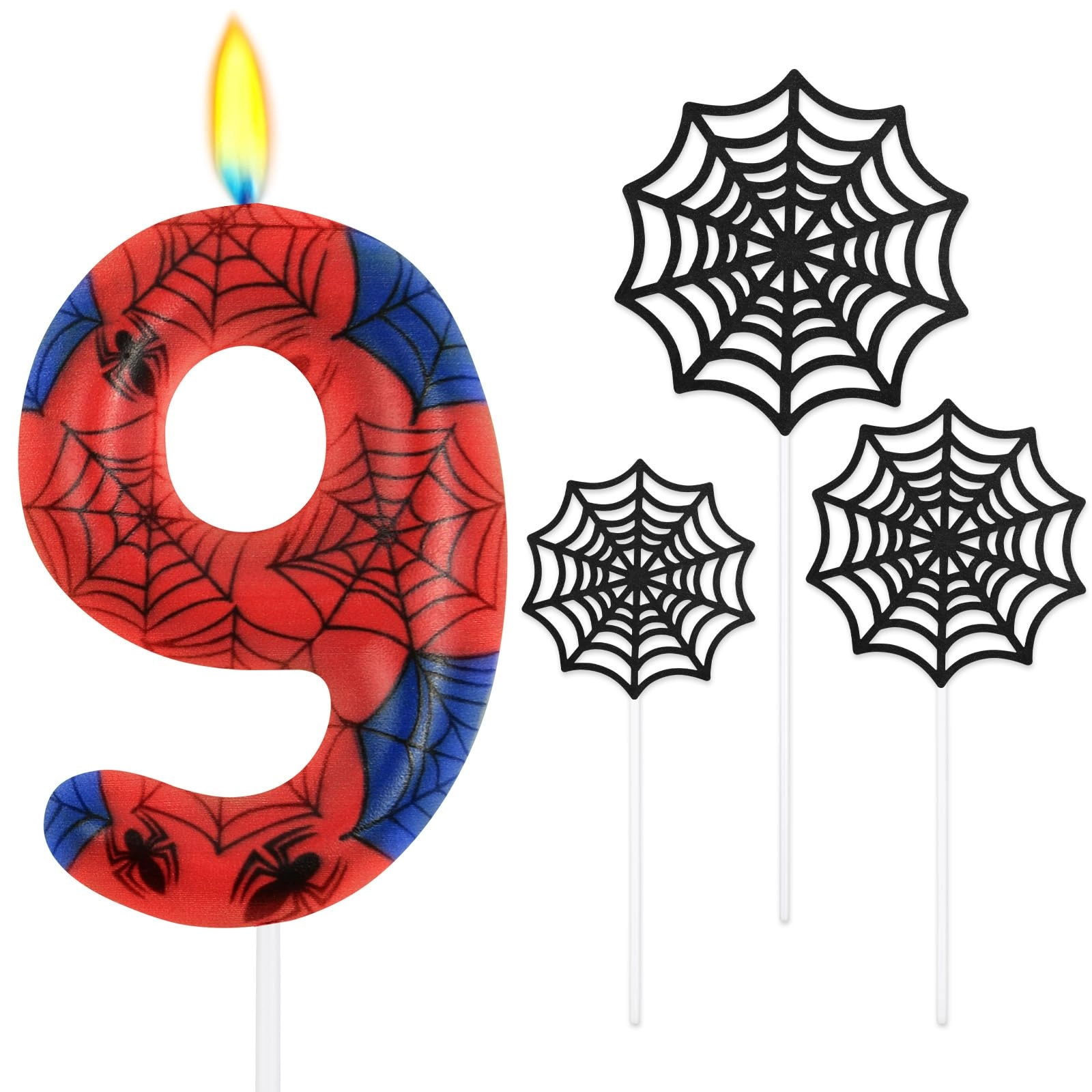 alaoo Spider Theme Party Candles - 1 x Birthday Candle 3 x Spider Web Cake Toppers 1 x Adhesive Dot Birthday