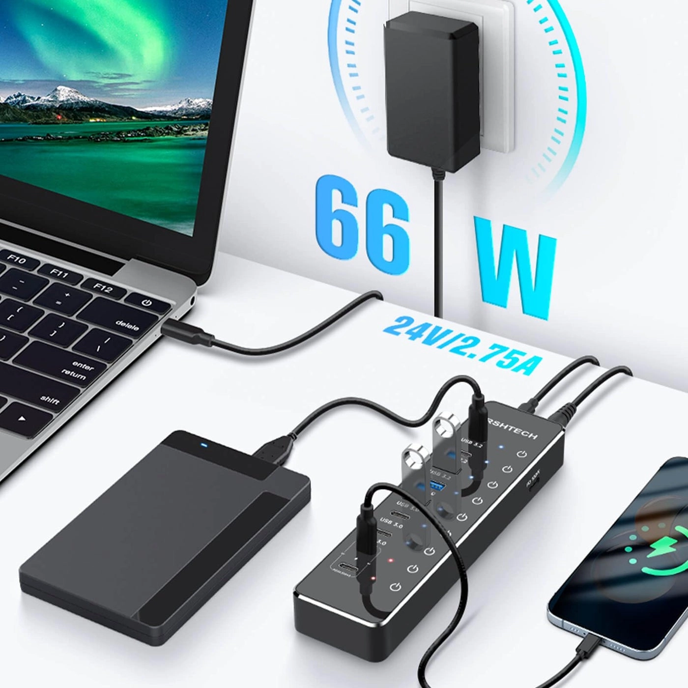 10-Port Powered USB C Hub - Laptop