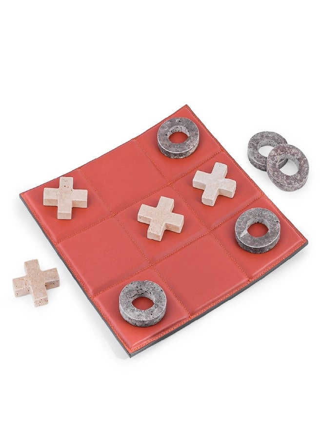 Layers XO Game - Red Leather Board Beige & Grey Travertine Pieces