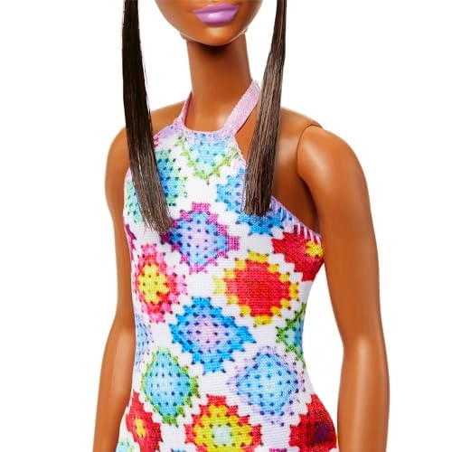 Barbie Fashionistas - #210 Brown Hair in Bun Colorful Crochet Halter Dress Ages 3+