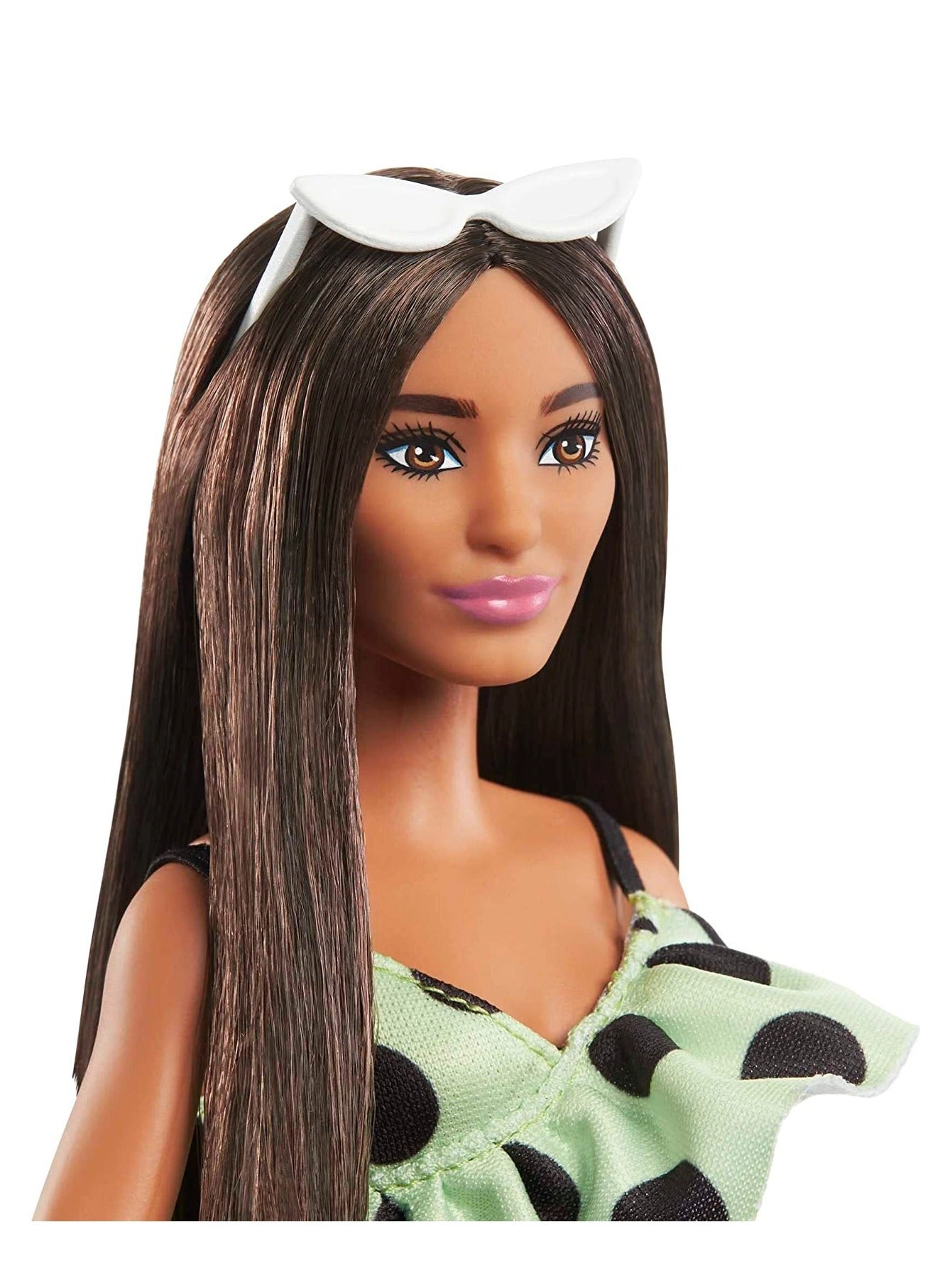 Barbie Fashionista - Girls Brunette Lime Green Polka Dots Romper