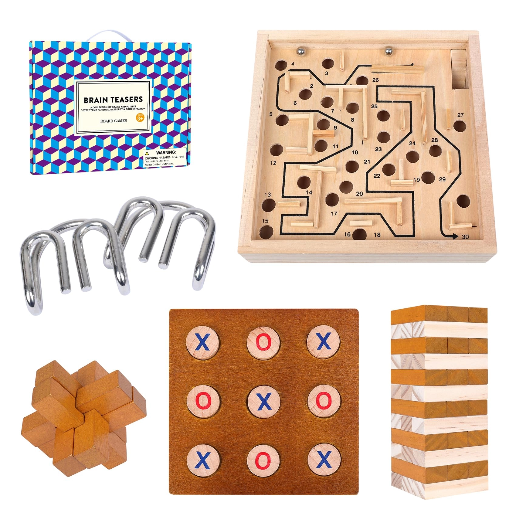 GOTHINK Wooden Brain Puzzle + Metal Puzzle + Labyrinth - Maze board 2 steel balls + Stacking Blocks - 36 pieces + Tic Tac Toe