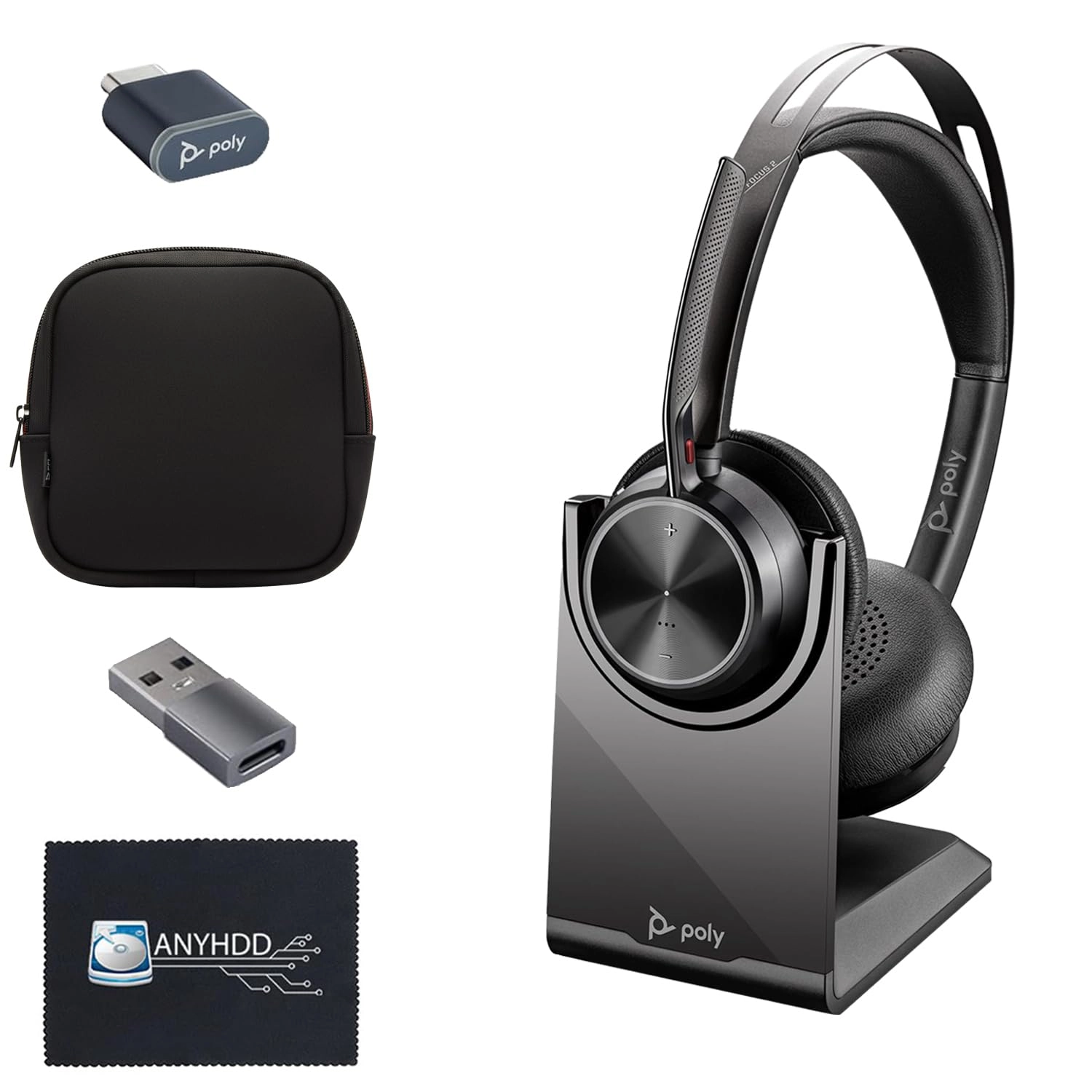 ANYHDD Voyager Focus 2 - Wireless Headset + Charge Stand + USB-C to A Adapter + USB Dongle + Pouch + Microfiber Cloth