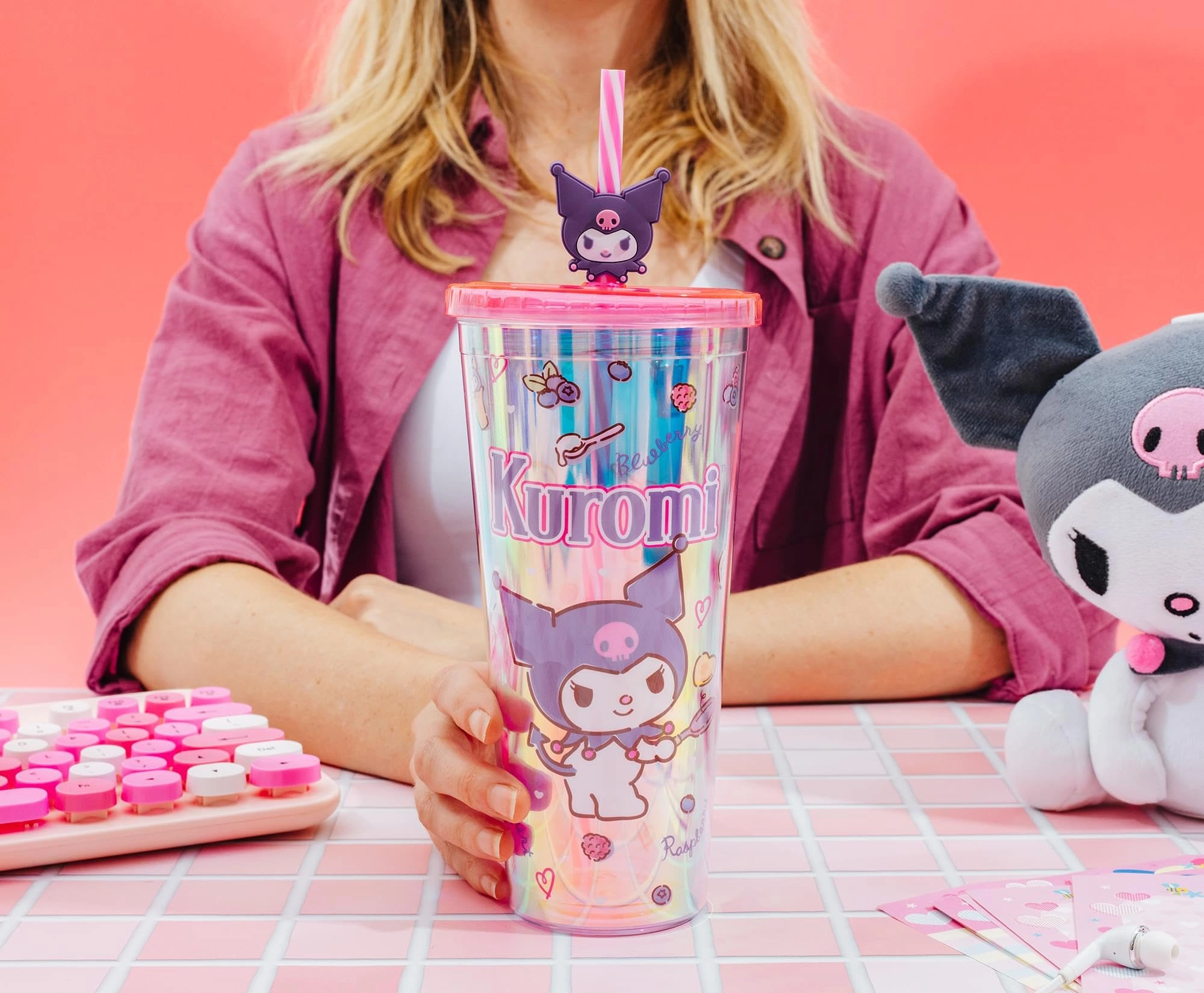 Kuromi Reusable Cup - Iridescent Lid and Straw Topper