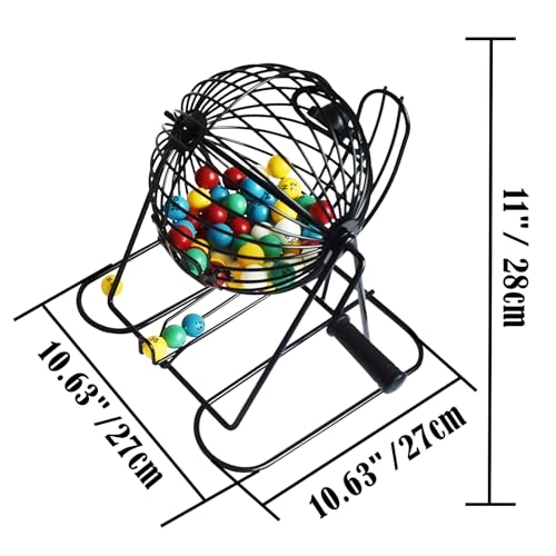 Jumbo Bingo Game Set - 11" Metal Round Cage 75 Colored Balls 100 Bingo Cards