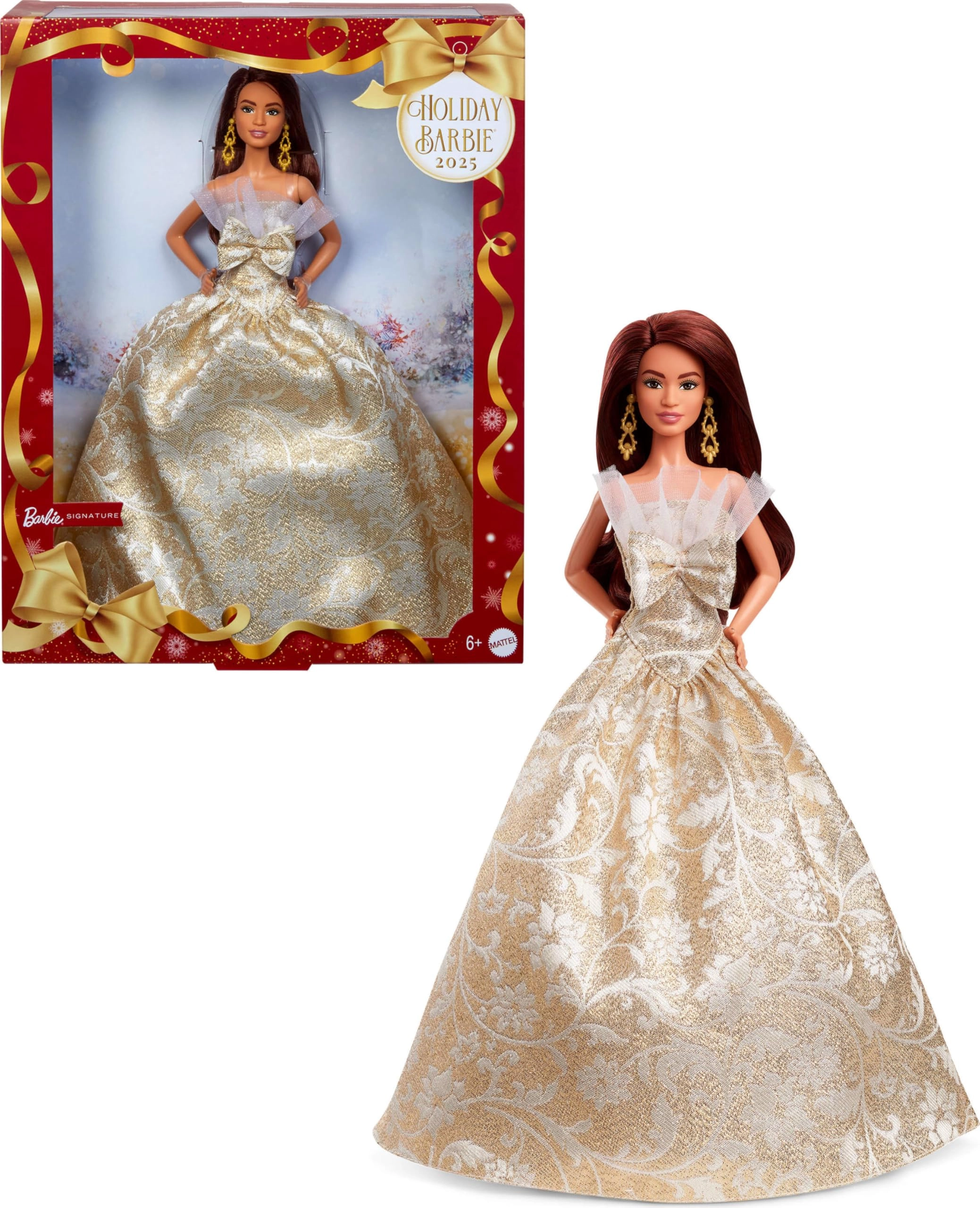 Barbie Signature 2025 Holiday - Dark Brown Hair Silver & Gold Gown Ages 6+