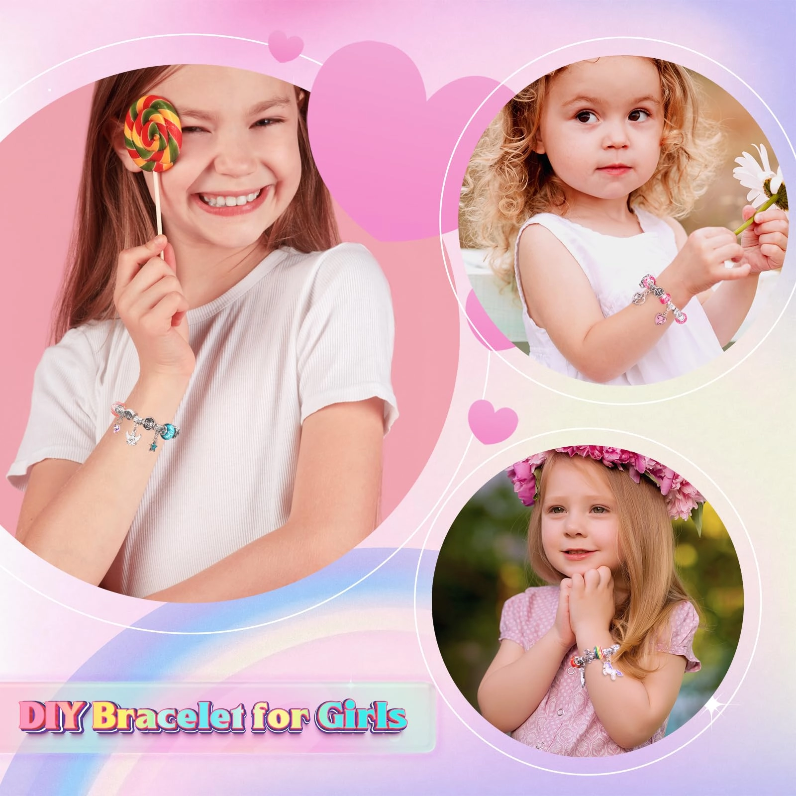 Unicorn Bracelet Jewellery Making Kit - Rainbow Mixed 3 Bracelets Customizable Charms