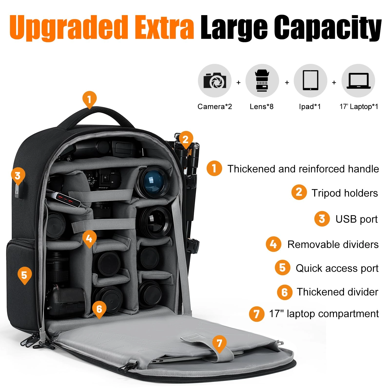Camera Backpack - 15.35"L x 9.05"W x 19.68"H 2.0 Extra Large