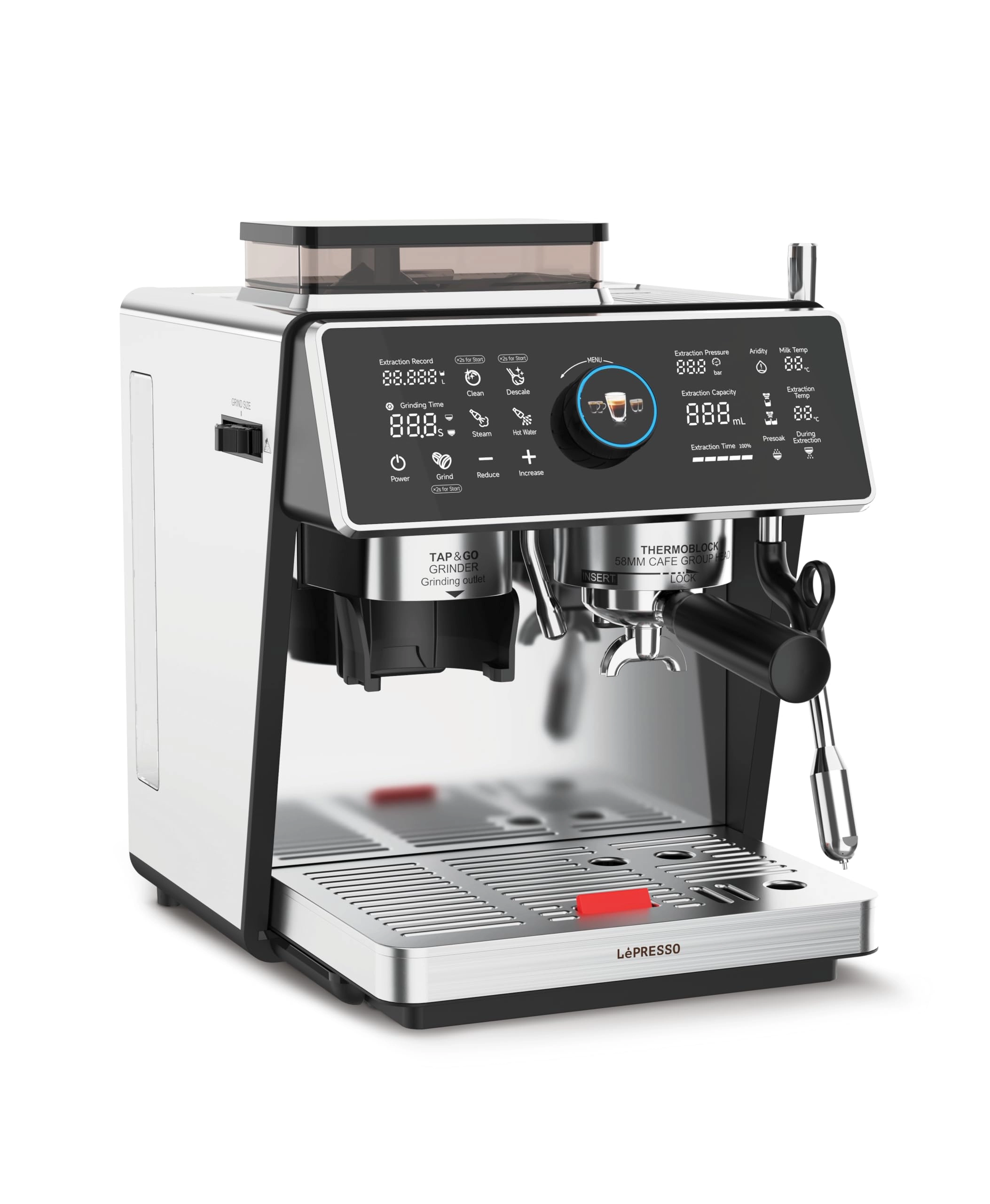 LePresso LPCFFVSA0047SL - Dual Boiler Dual Pump Touch Display Conical Burr Grinder Milk Steamer