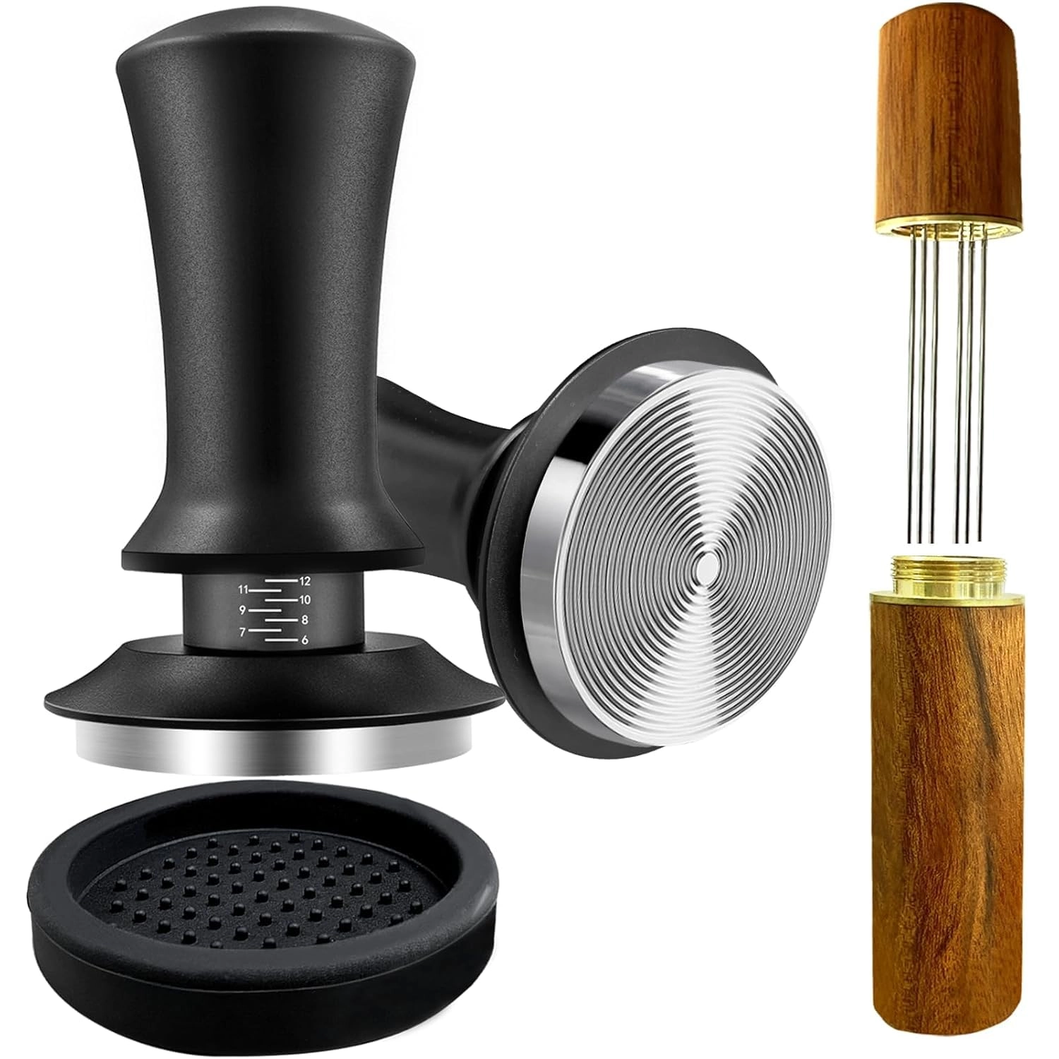 BeanZeek Espresso Tamper 51mm - Calibrated Spring Loaded 304 Stainless Steel Base + Silicone Tamper Mat + WDT Coffee Distribution Tool - 6 pins