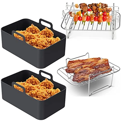 Air Fryer Silicone Pot + Air Fryer Rack + Skewer + Steamed Rack + Air Fryer Liner - Aluminum, Plastic, Stainless Steel 8Pcs