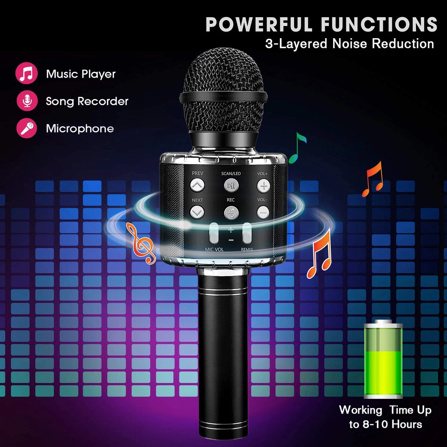 Karaoke Kids Microphone - 5 in 1 Wireless Bluetooth Black