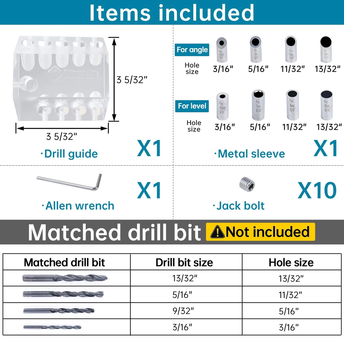 Drill Guide Jig - 1 pc 3/16" 9/32" 5/16" 13/32"