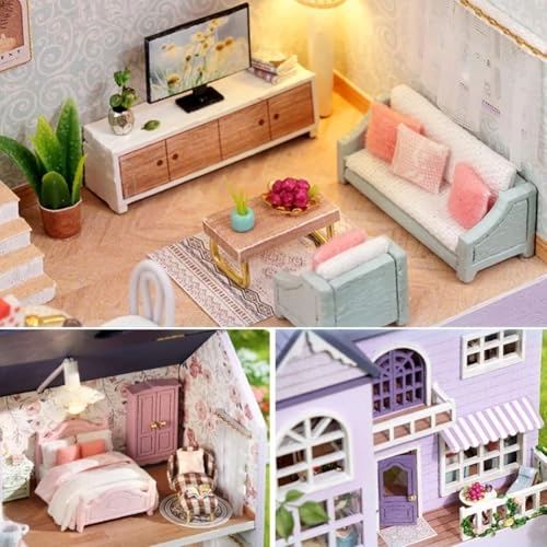 Miniature Wooden Dollhouse Furniture Kit - 3D LED Purple