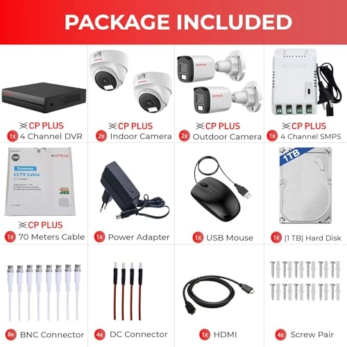 4 Channel DVR + 2 MP Outdoor Camera + 2 MP Indoor Camera + 4 Channel SMPS + 70 Meters Cable + Hard Drive - 1 TB + BNC & DC Connectors + HDMI Cable
