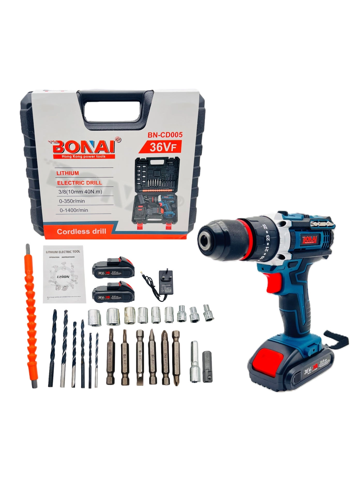 BONAI Cordless Electric Drill - 2.0 Ampere-hour 36 Volt