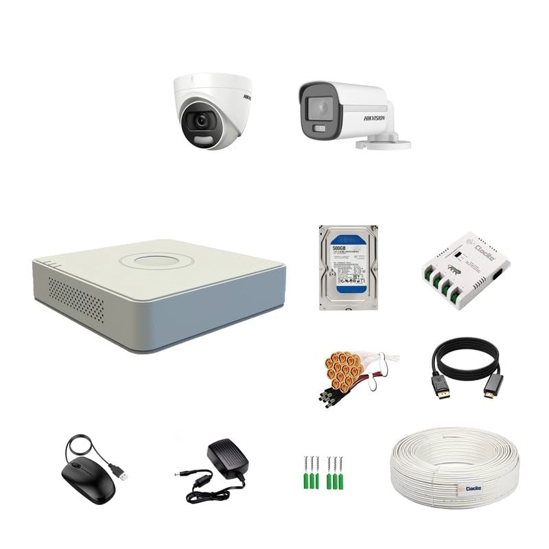 4CH DVR + 5MP Dome Camera + Bullet Camera + 500GB HDD + Cable Roll + 4CH Power Supply + BNC & DC Connectors