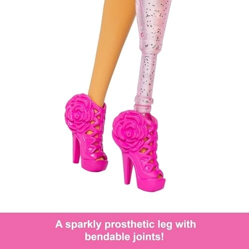 Barbie Deluxe Style Doll - Glittery Prosthetic Leg Black Hair Pink Top And Skirt Set Ages 4+